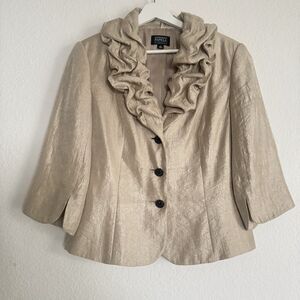 Adrianna Papell Evening Essentials Sz 10 Crape Beige Black Stones Button Blazer